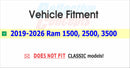 a vehicle fitting service, with a checkbox indicating that the 2019-2026 Ram 1500, 2500, and 3500 models are suitable for the vehicle. The text "DOES NOT FIT CLASSIC models!" is displayed below the checkbox, indicating that the models shown do not fit the classic car models.