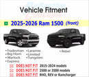 The image is a comparison of two black pickup trucks, one being a 2020-2026 Ram 1500 and the other being a 2020-2026 Ram 1500 (front). The trucks are labeled as "Tradesman", "Big Horn", "Limited", "Warrick", "Express", "Rebel", and "RHO, REV or Ram charger". The image does not fit any of the models shown, and it does not fit any of the 2015-2024 models, 2500 or 3500 models, or any of the RHO, REV or Ram charger models.